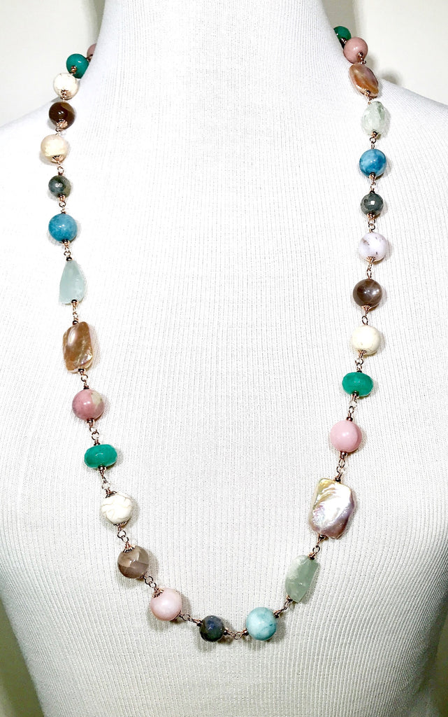 Multi-color Gemstone Pearl Necklace Wire Wrapped Rose Gold