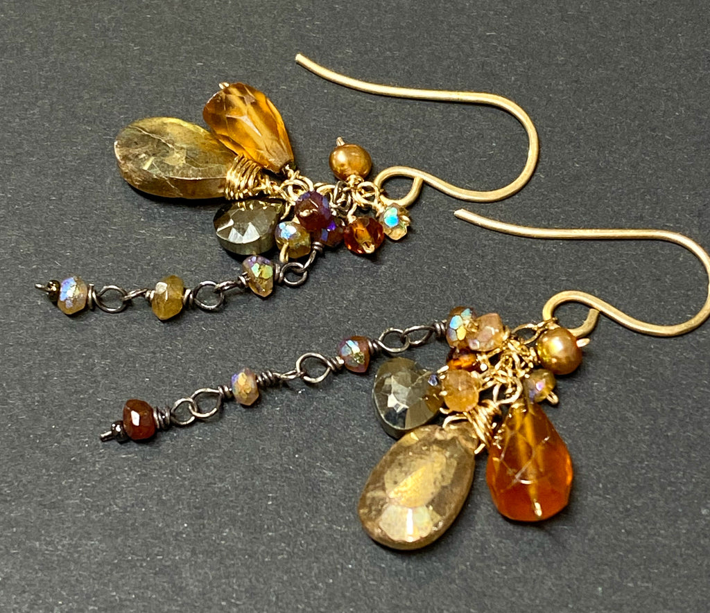 Gold Gemstone Sparkly Dangle Earrings