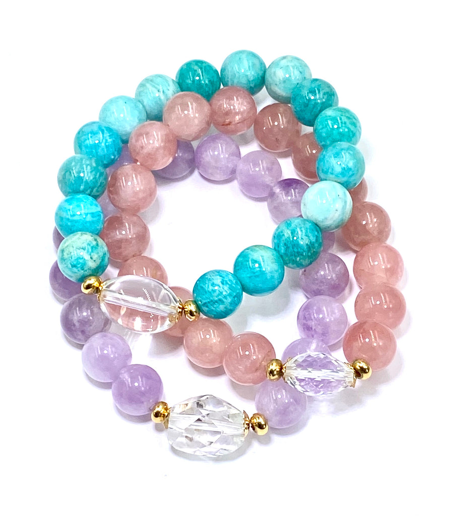 Pastel Gemstone Stretch Stacking Bracelet Set of 3 with Crystal Quartz - doolittlejewelry