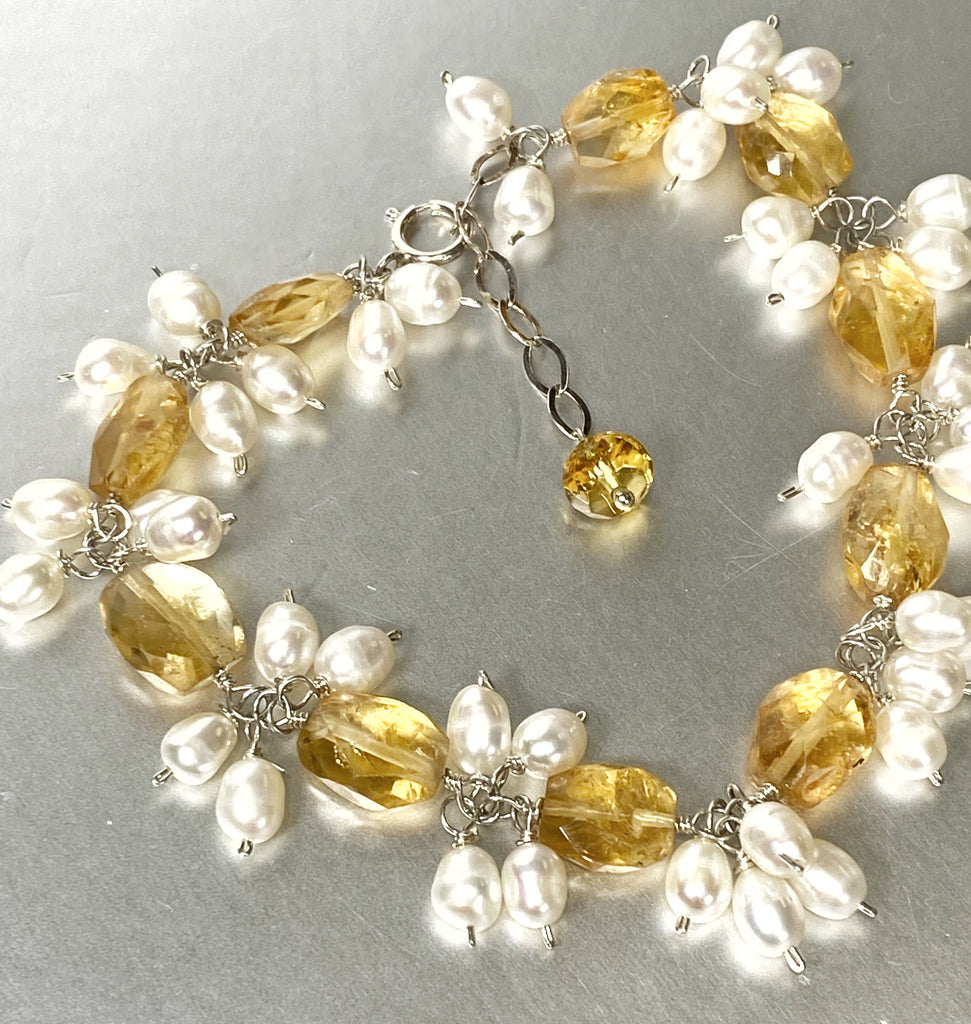 Citrine Gemstone Pearl Cluster Bracelet, Sterling Silver