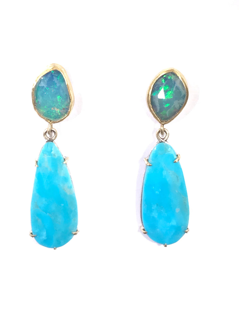 Opal and Sleeping Beauty Turquoise Dangle Earrings Gold Prong Set - doolittlejewelry