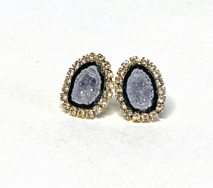Tabasco Geode Stud Earrings Black & Lavender Grey Druzy Crystals