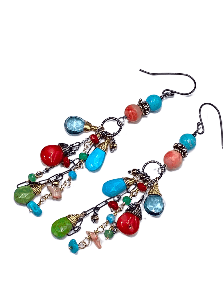 Turquoise Long Boho Earrings Mixed Metal Red Coral Green Turquoise - doolittlejewelry