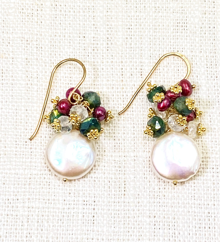 Coin Pearl & Green Moonstone Red Pearl Cluster Earrings