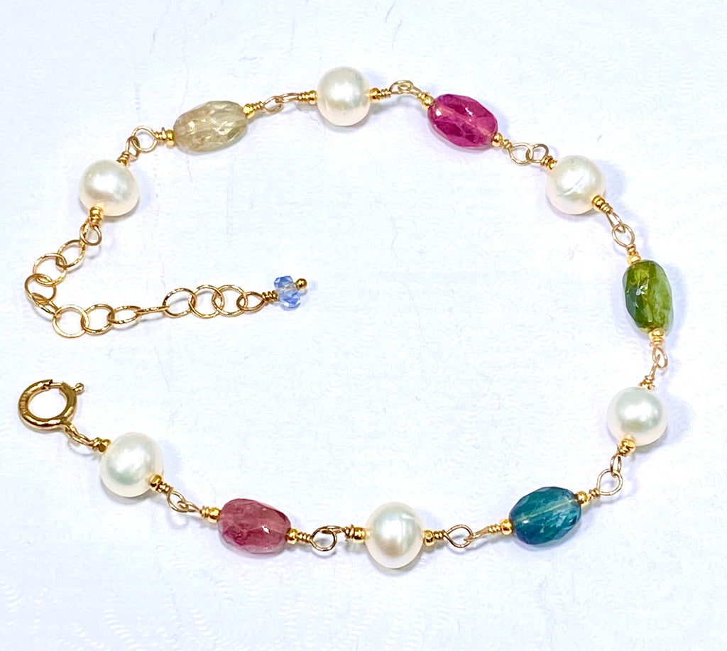 Tourmaline and Pearl Wire Wrapped Bracelet in Gold Fill Adjustable - doolittlejewelry