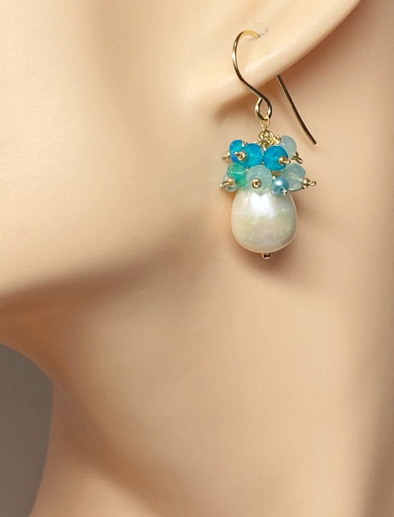 Aqua Gemstone Pearl Cluster Earrings with Opals