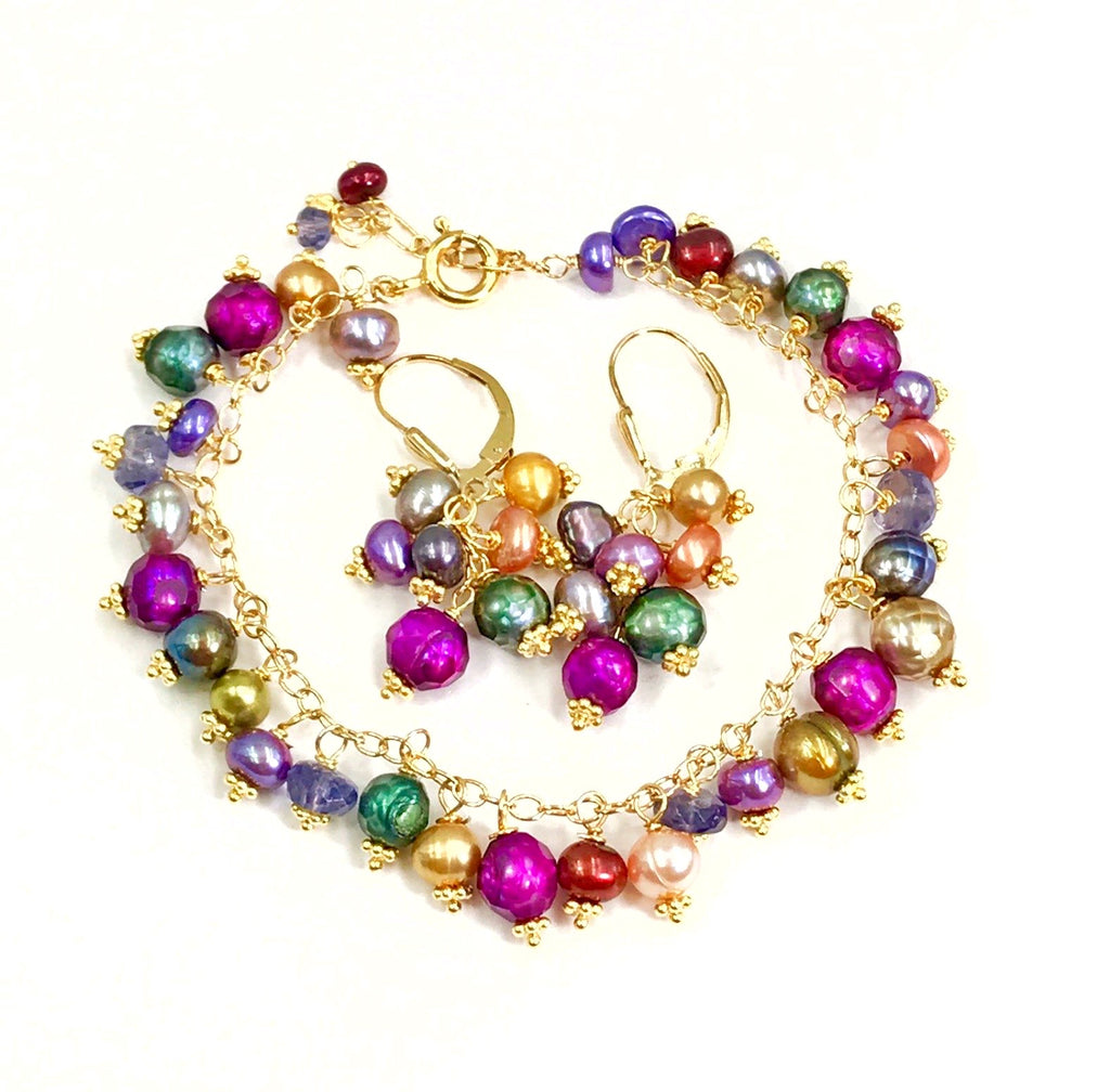 Multi-color Pearl Dangle Earrings Gold