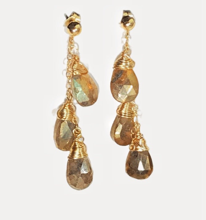 Gold Dangle Earrings Mystic Gold Labradorite Gemstone