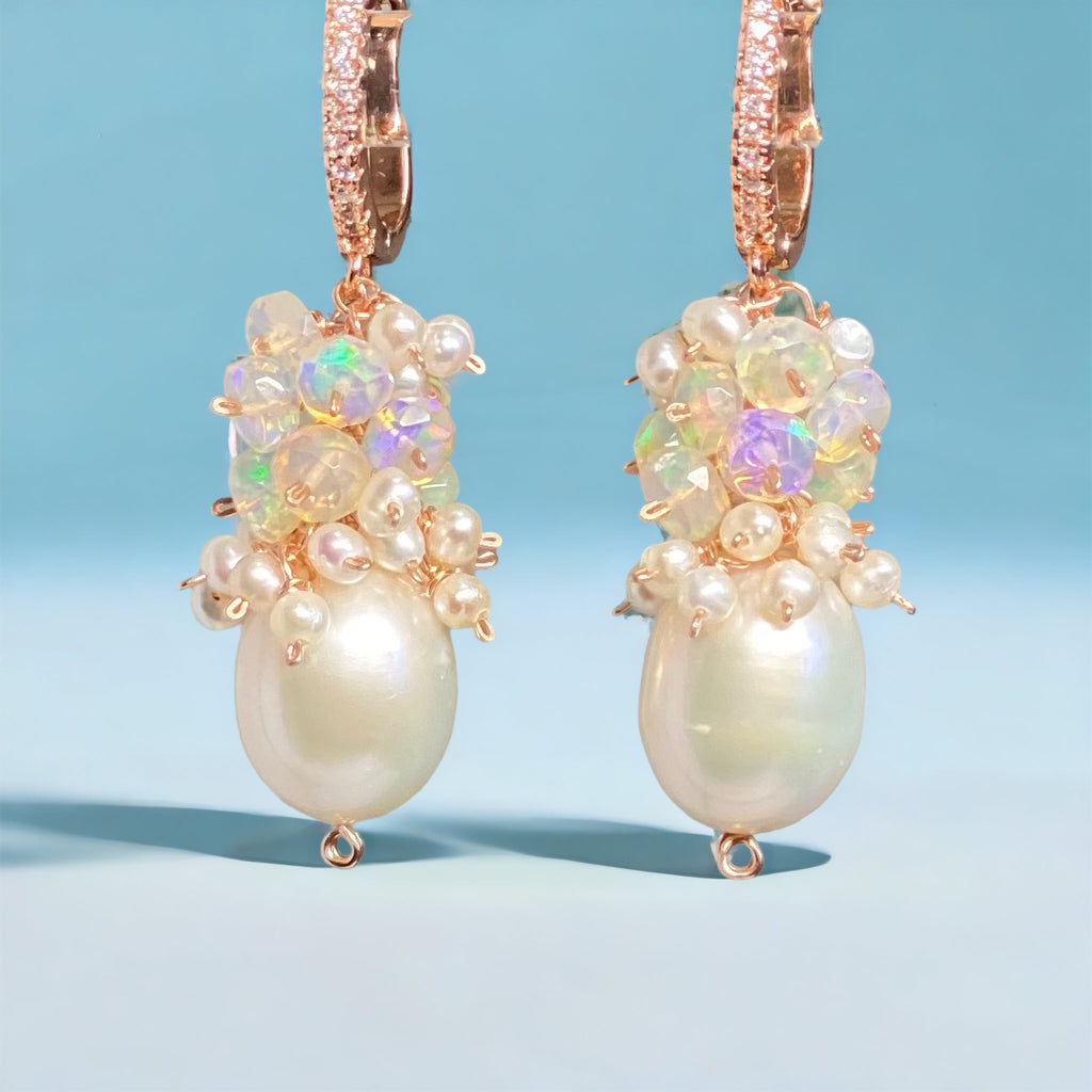 Pearl and Ethiopian opal cluster earrings in rose gold