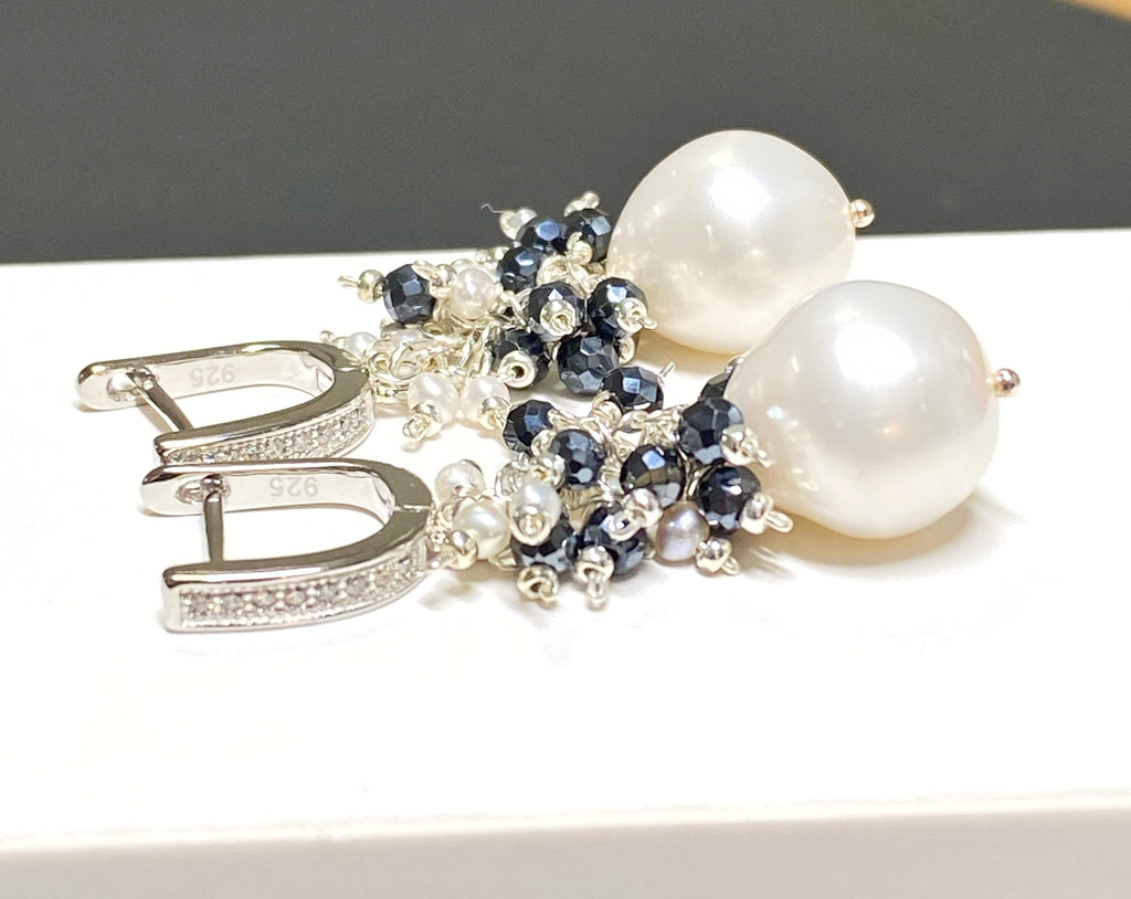 WHITE PEARLS with black spinel custers sterling silver