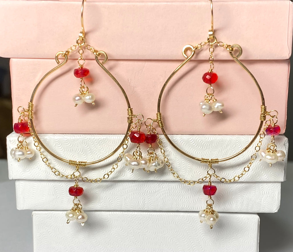 Ruby Red Opal Pearl Gold Fill Hoop Earrings