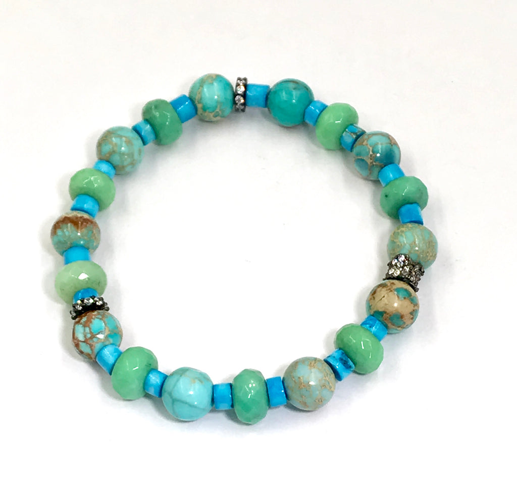 Turquoise Imperial Jasper Bracelet Set of 3 Oxidized Silver Pave CZ - doolittlejewelry