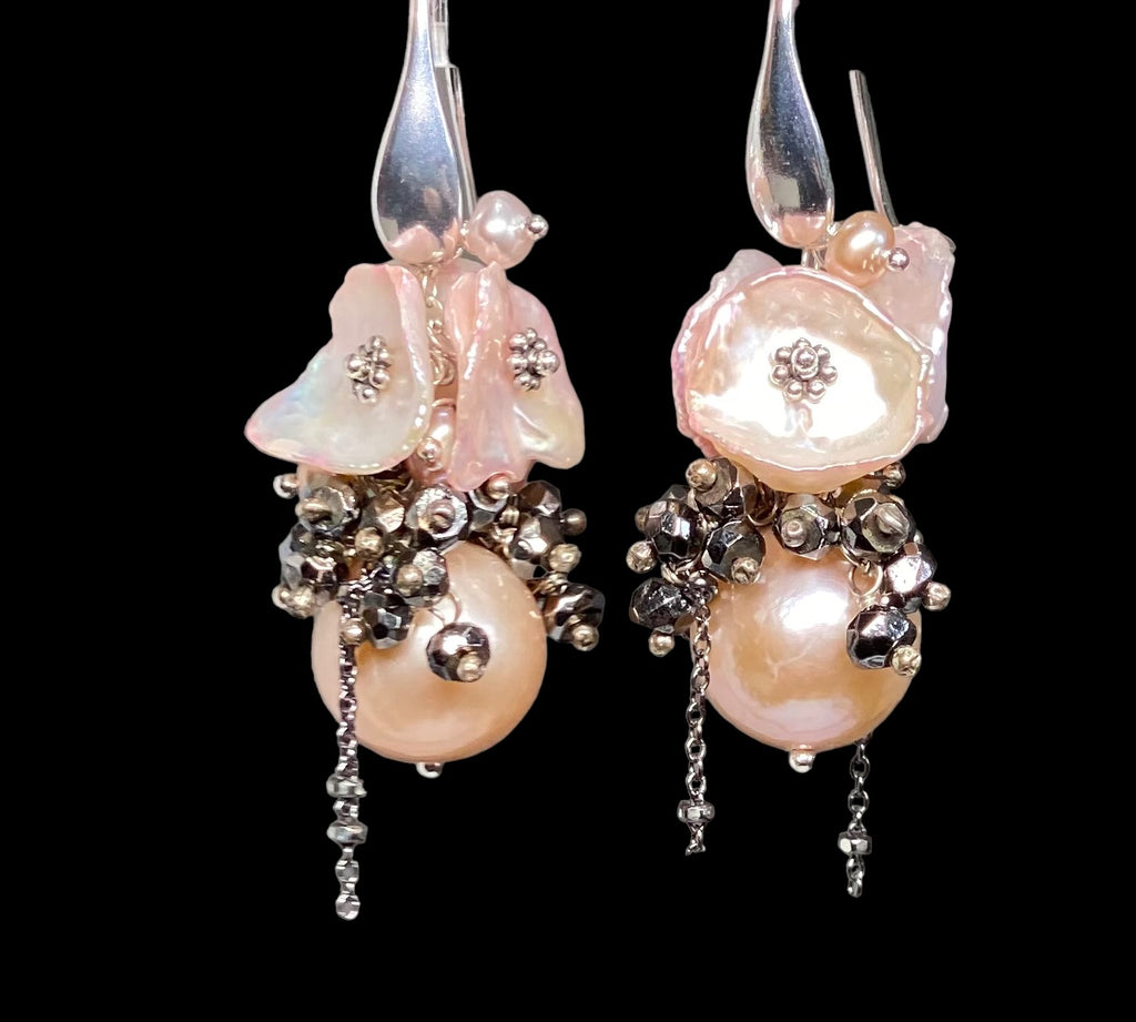 Pink Edison Pearl Cluster Earrings Blush Pink Keishi and Black Pyrite, French Style
