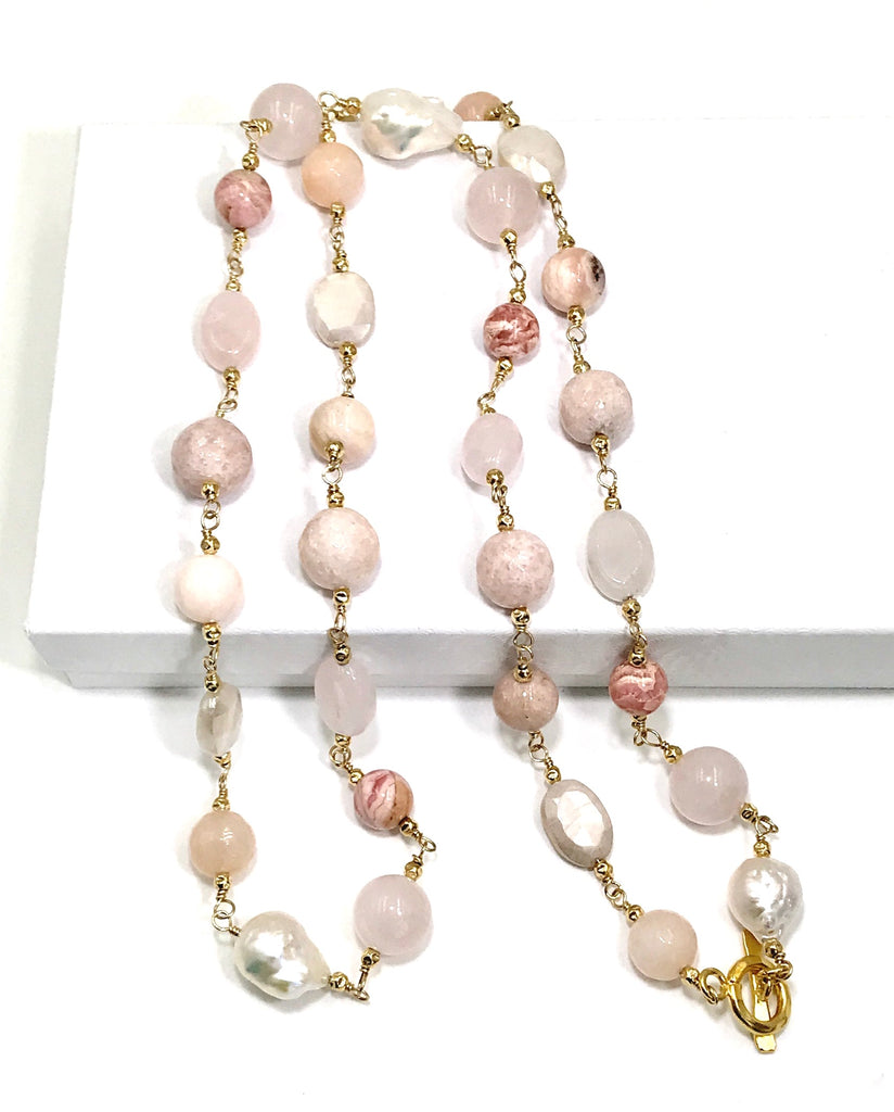 Long Multi Gemstone Blush Stone Pearl Wire Wrap Necklace 14kt Gold Fill - doolittlejewelry