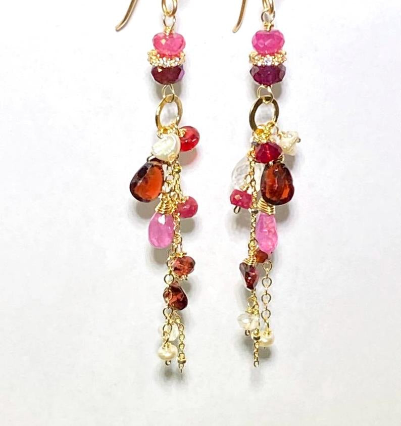 Red Pink Gemstone Long Boho Chain Dangle Earrings Garnet Pink Sapphire - doolittlejewelry