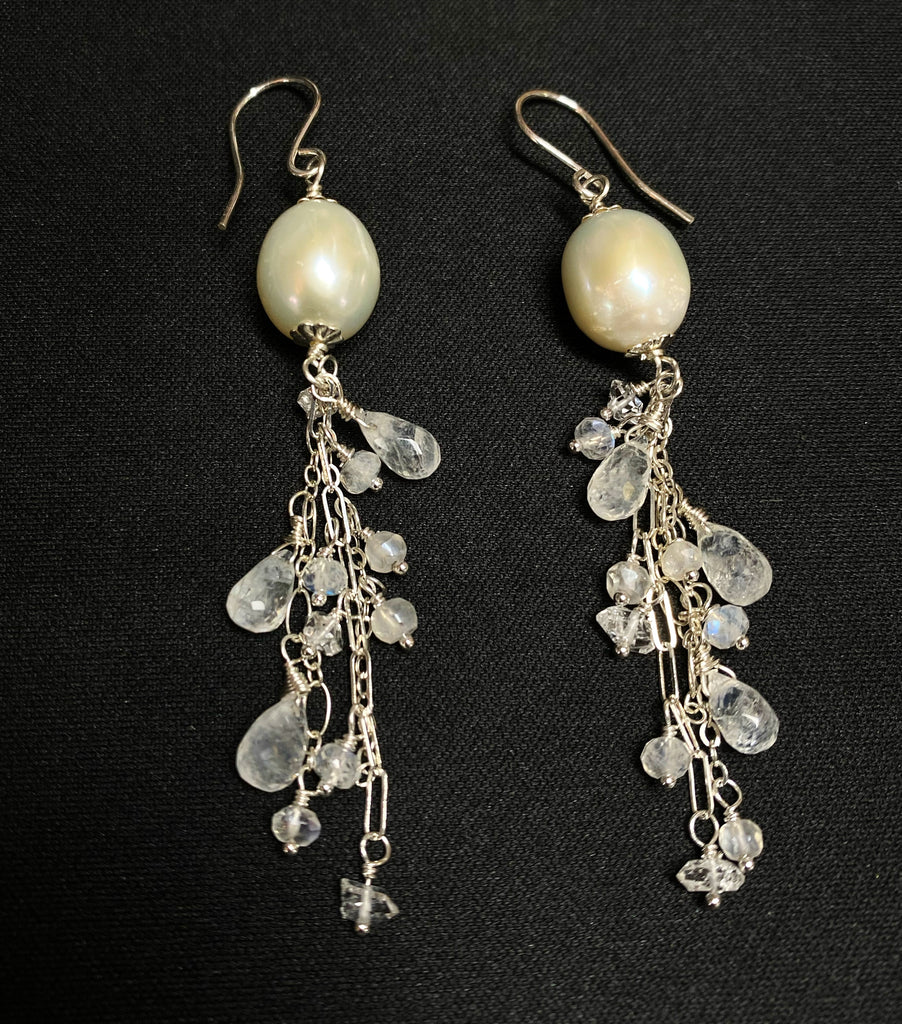 Pearl Moonstone Bridal Dangle Earrings Sterling Silver with Herkimer Diamonds