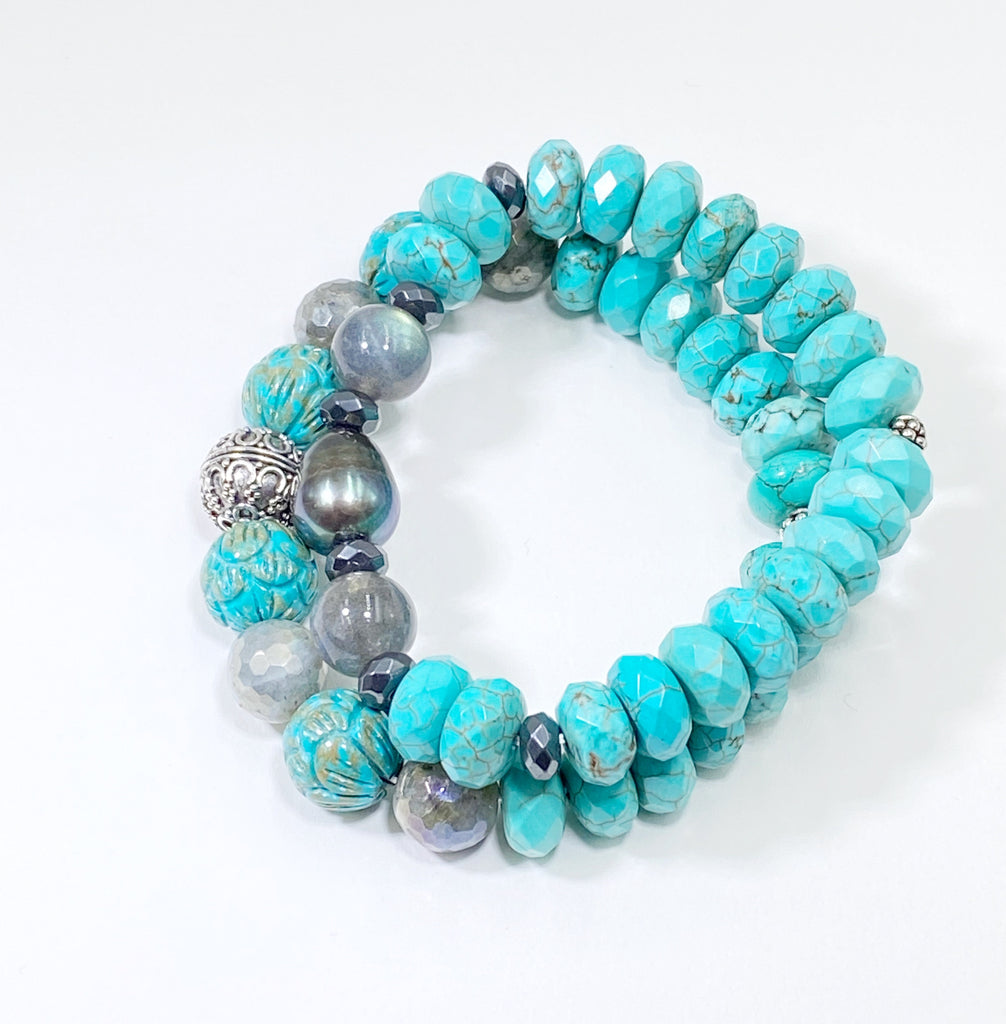 Stretch Bracelet Set of 2 Turquoise Labradorite Pearl Sterling Silver - doolittlejewelry