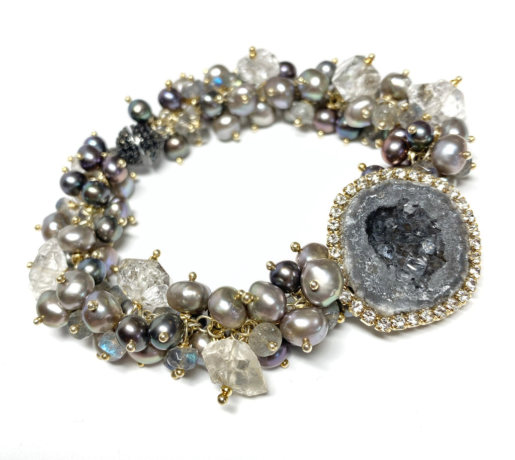 Black Tabasco Geode Cluster Bracelet with Herkimer Diamond Quartz