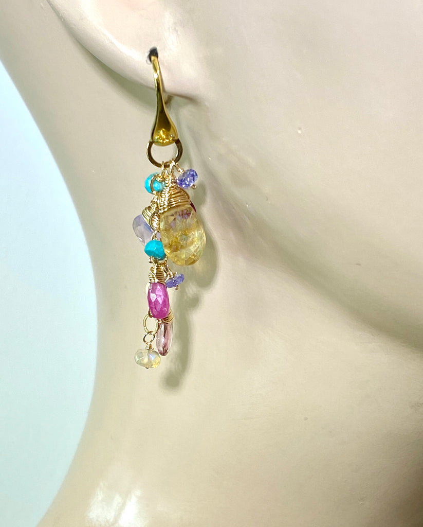 Colorful Gemstone Long Dangle Earrings Gold Mystic Citrine Lavender Opal Pink Sapphire - doolittlejewelry