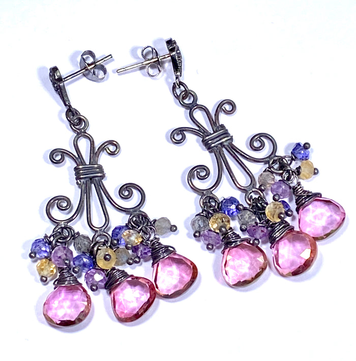 Mystic Pink Quartz Oxidized Silver Chandelier Earrings Labradorite Amethyst Citrine - doolittlejewelry