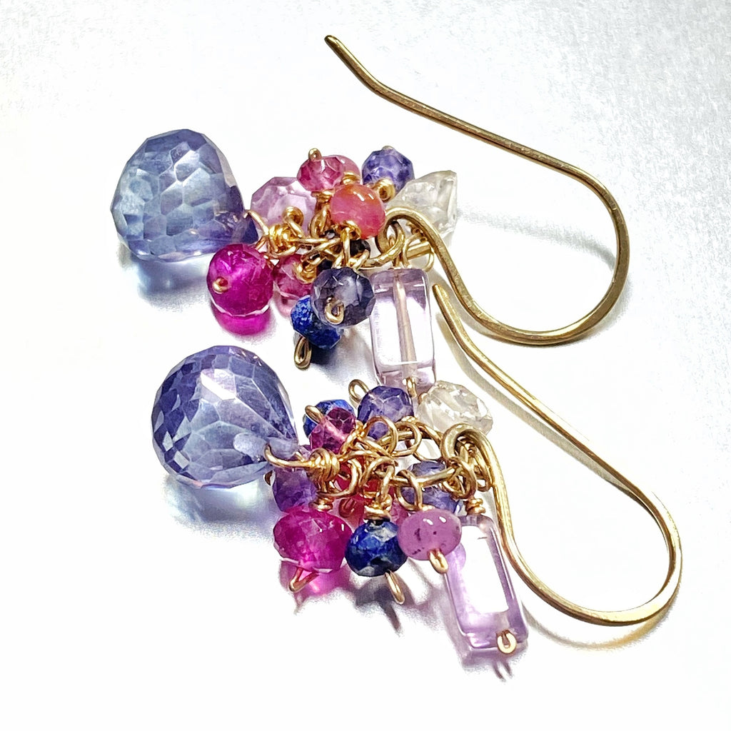 Blue Multicolor Gem and ruby Wire Wrap Gold Earrings - doolittlejewelry
