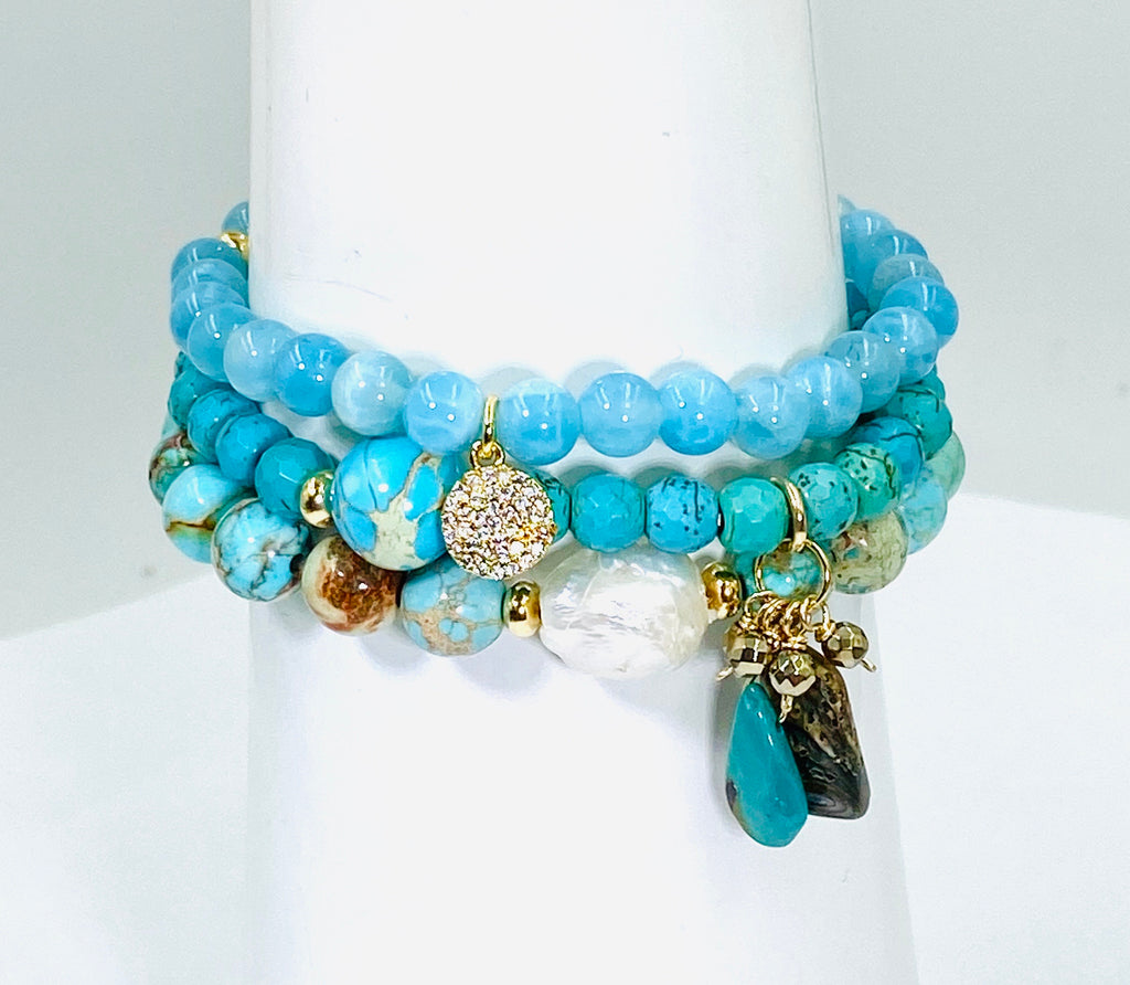 Turquoise, Imperial Jasper, Blue Chalcedony Stretch Stack Bracelet Set of 3 - doolittlejewelry
