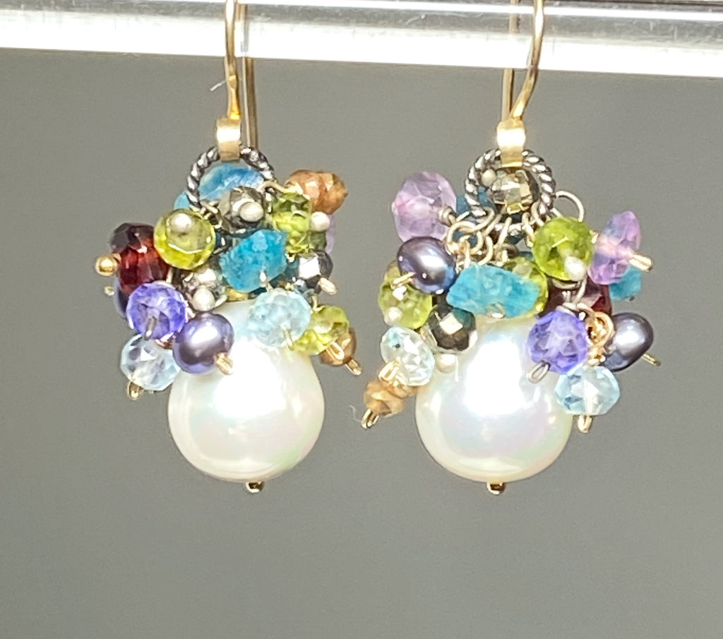 Pearl Cluster Earrings Multi-color Gemstone Mixed Metal