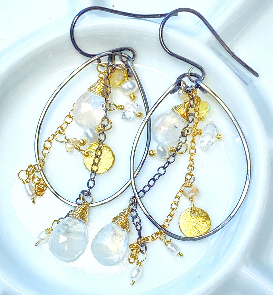 Rainbow Moonstone, Opal, Pearl Mixed Metal Hoops, Black and Gold