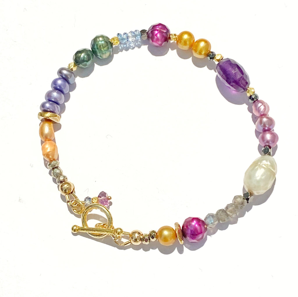 Multi-color Pearl and Gemstone Clasp Bracelet Amethyst Labradorite Citrine