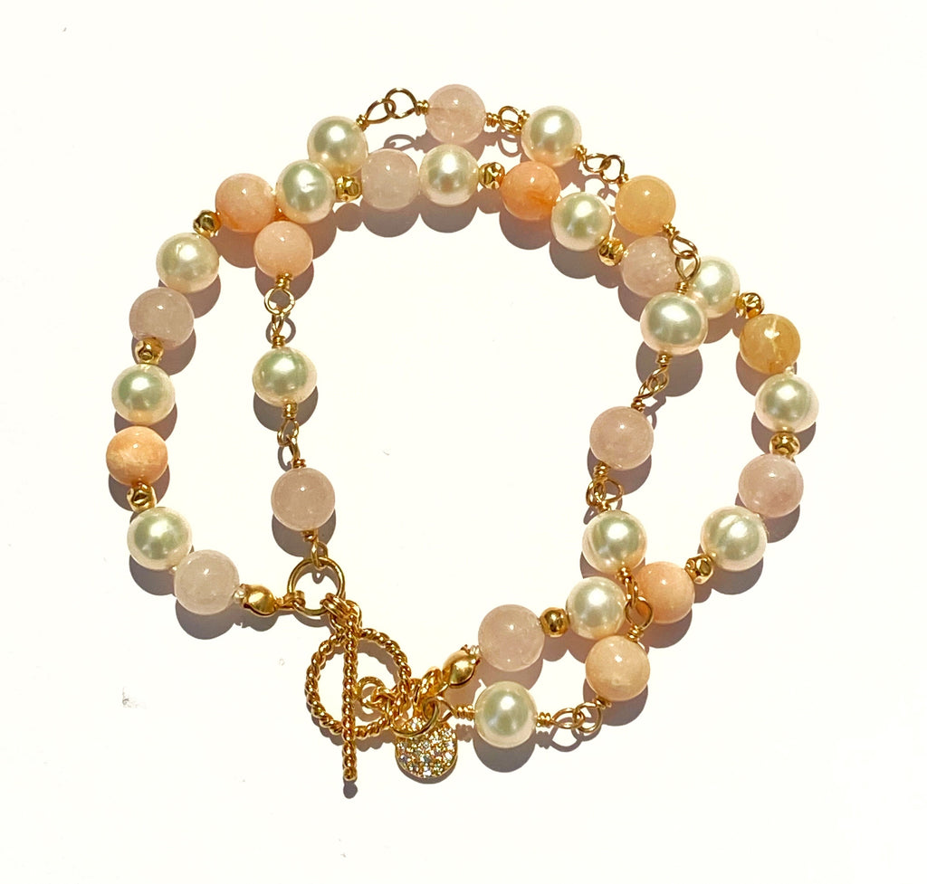 Pearl, Pink Opal, Rose Quartz Double Strand Bracelet Gold Fill