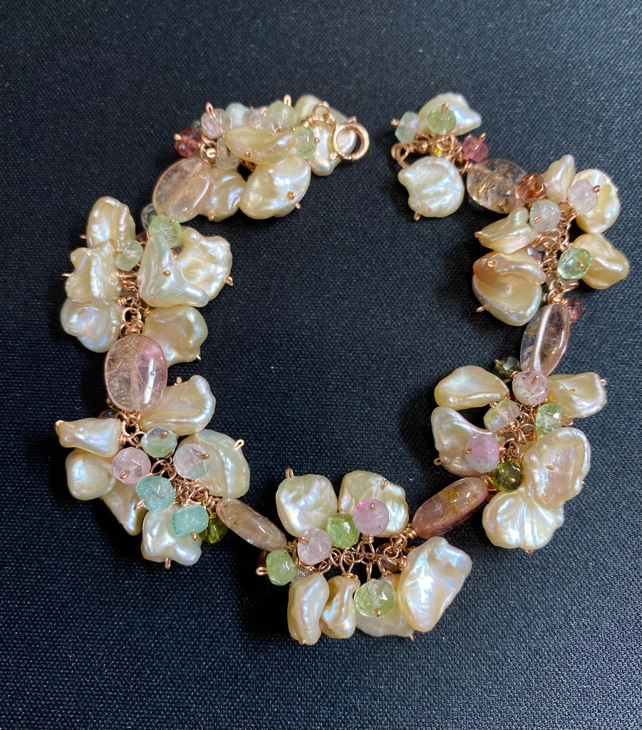 Blush Keishi Pearl Cluster Bracelet with Tourmaline and Rose Gold