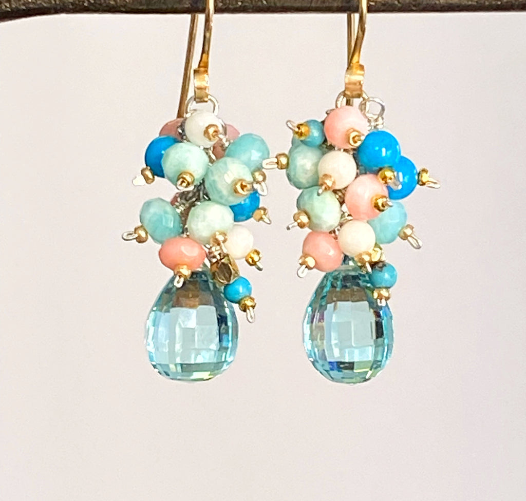 Aqua Quartz Multi Gem Cluster Earrings Mixed Metals