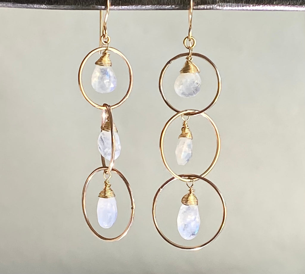 Rainbow Moonstone 14 kt Gold Fill Triple Hoop Earrings