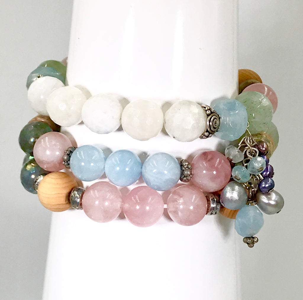 Colorful Pastel Stretch Stacking Bracelet Set of 3 Rose Quartz Moonstone Sandalwood - doolittlejewelry