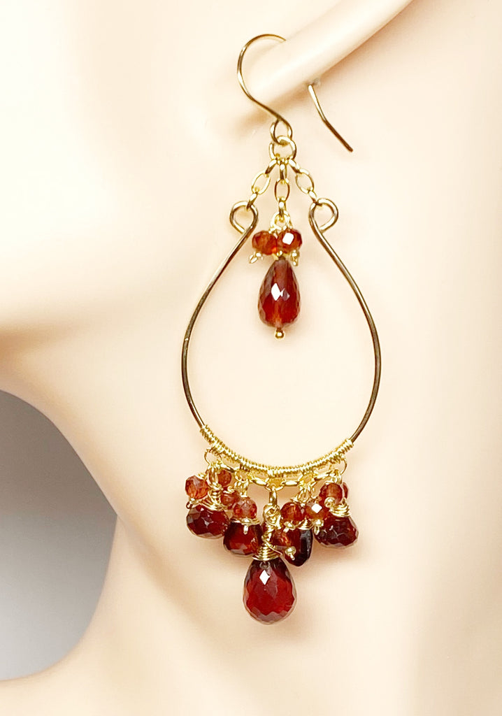 Red Garnet Gold Statement Chandelier Hoop Earrings