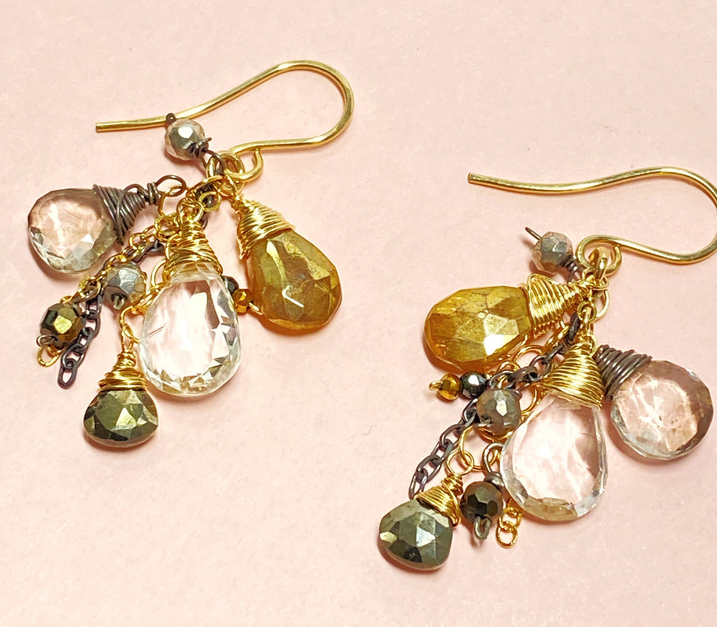 Crystal Quartz and Gold Mixed Metal Dangle Earrings