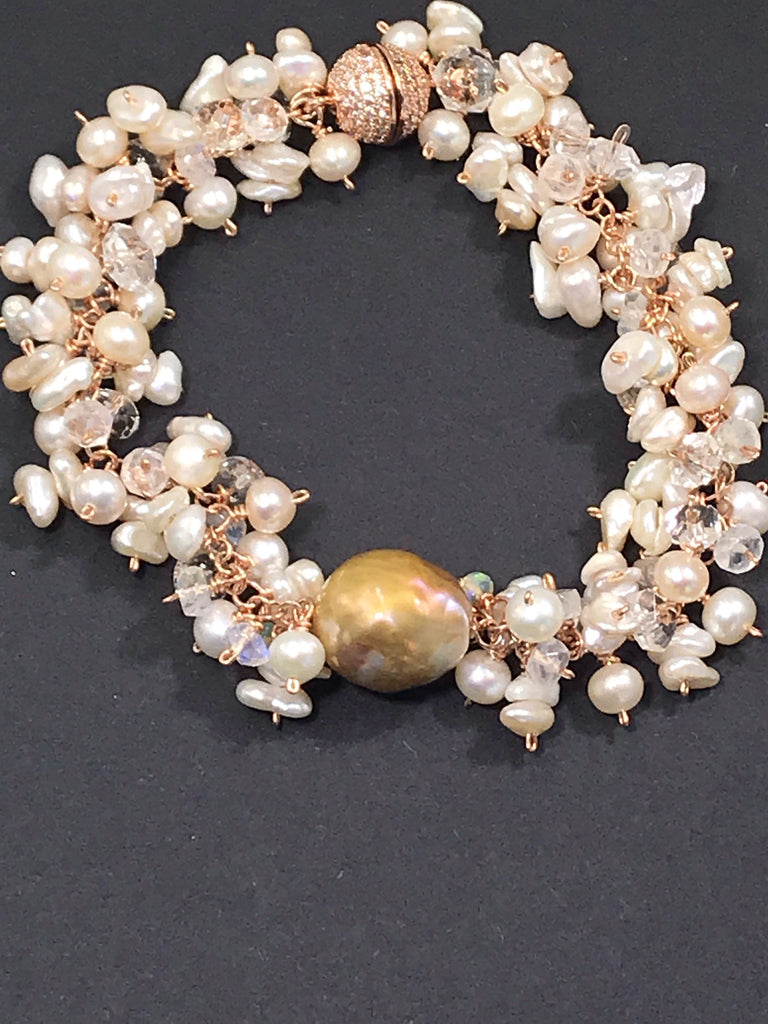 Baroque Pearl Rose Gold Cluster Bracelet Keishi Pearl Moonstone Crystal Quartz