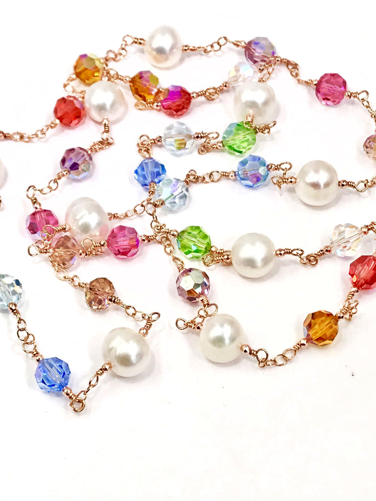 Rose Gold Pearl Swarovski Crystal Long Sautoir Necklace Rosary Style