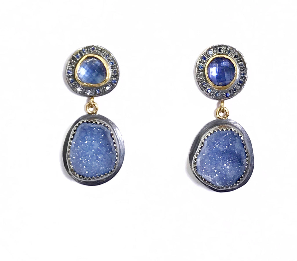 Tanzanite and Blue Geode Earrings with Pave Blue Sapphire Mixed Metal