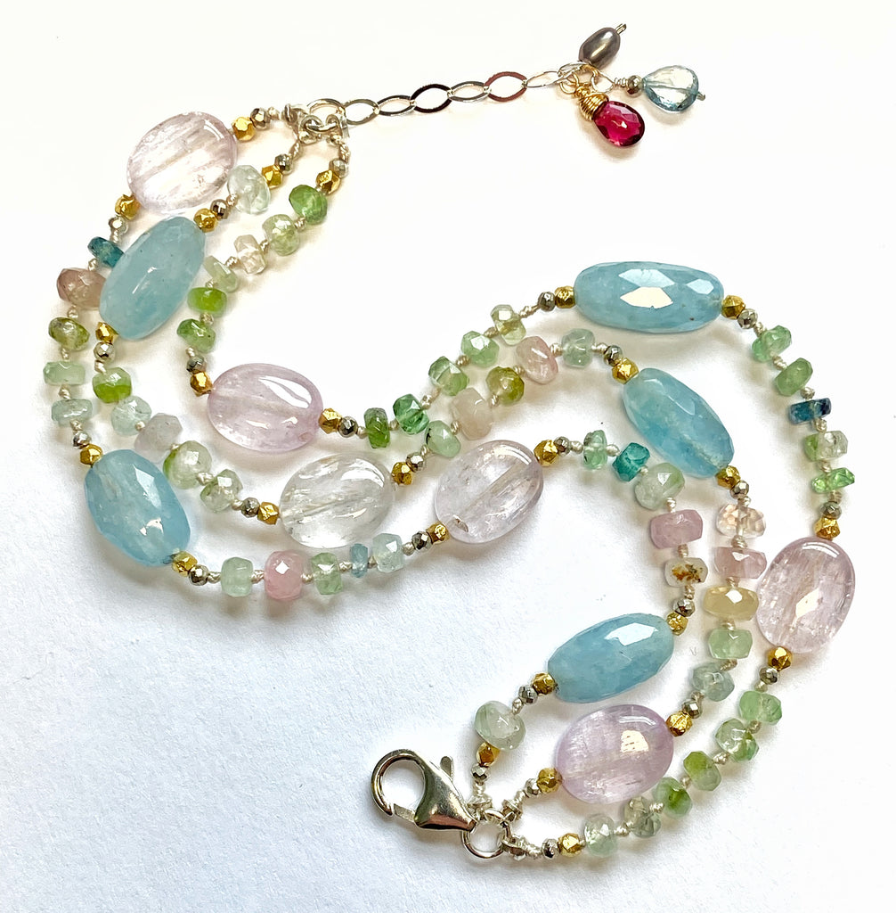 pastel tourmaline, kunzite, blue aquamarine triple strand bracelet silk knot