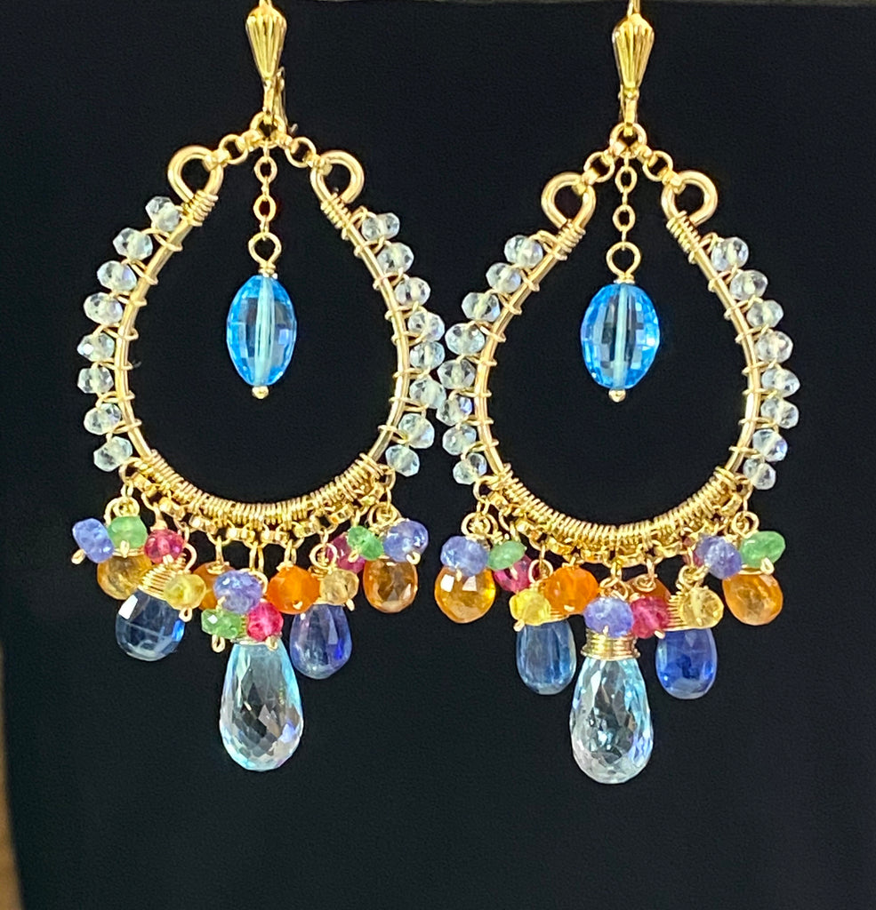 Blue Topaz Multicolor Gemstone Hoop Earrings in Gold Fill - doolittlejewelry