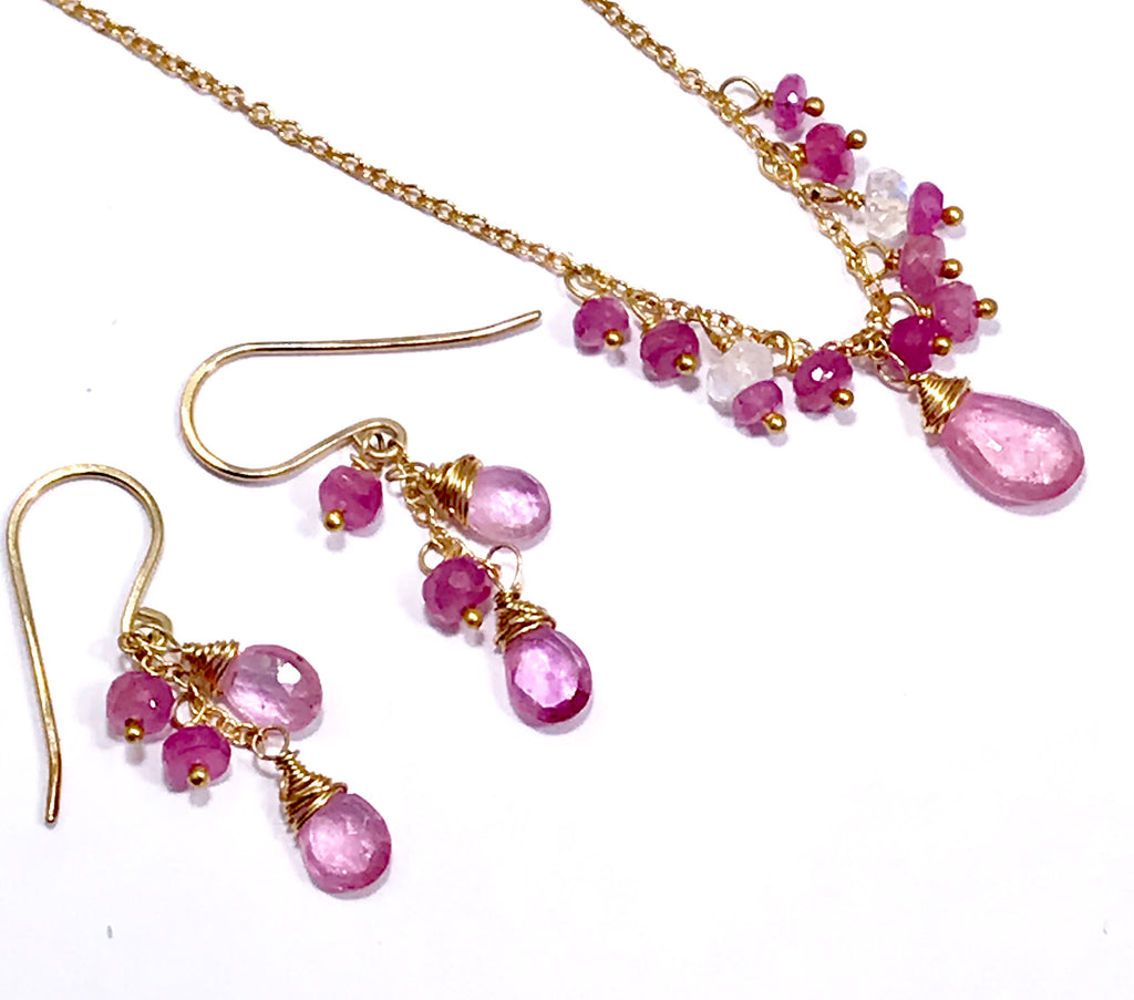 Pink Sapphire and Pink Gemstone Necklace Earrings - doolittlejewelry