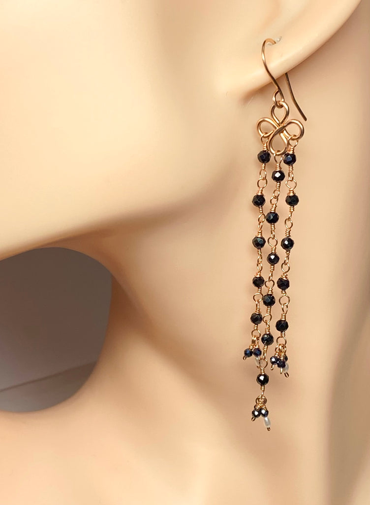 Long Black Spinel Shoulder Duster Dangle Earrings Rose Gold