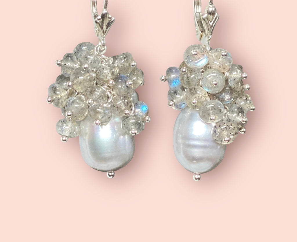 Silver Grey Pearl Earrings Sterling Silver with AAA Labradorite Gemstone Clusters