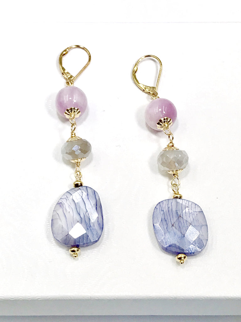 Sapphire Gem Slice and Kunzite, Moonstone Dangle Earrings