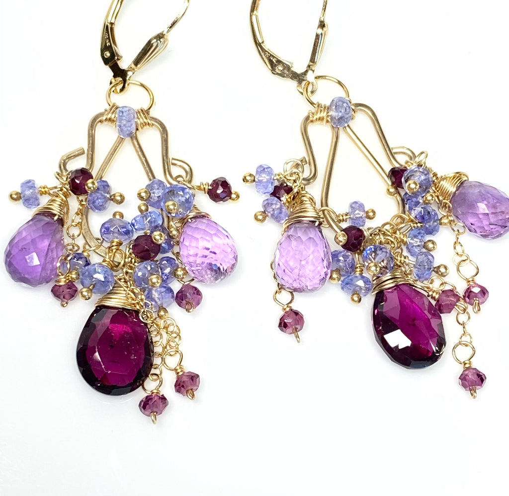 Garnet Amethyst Tanzanite Gold Multicolor Chandelier Earrings