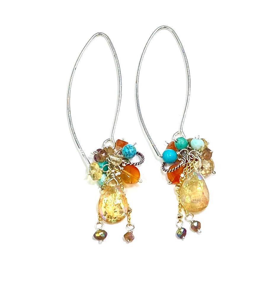 Mystic Citrine Earth Tone Gem Cluster Long Earrings Sterling Silver