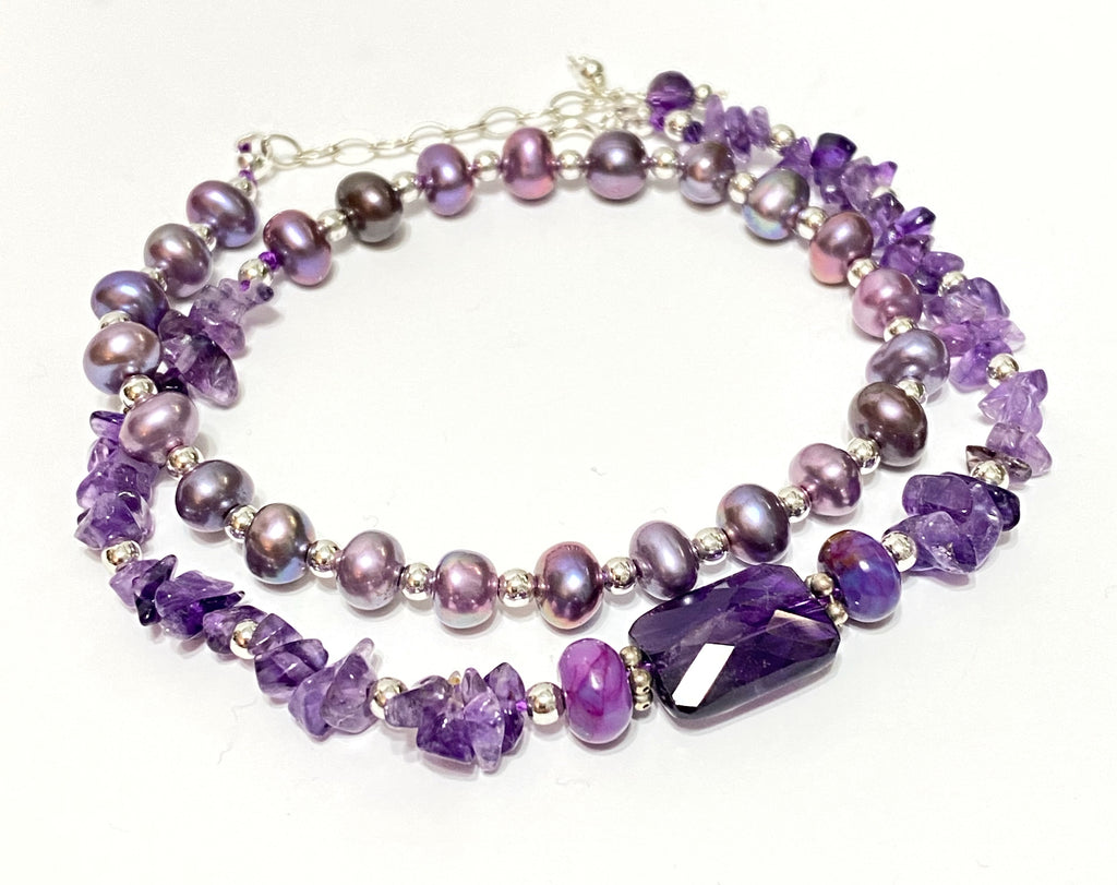 Amethyst Plum Pearl Double Wrap Bracelet Sterling Silver