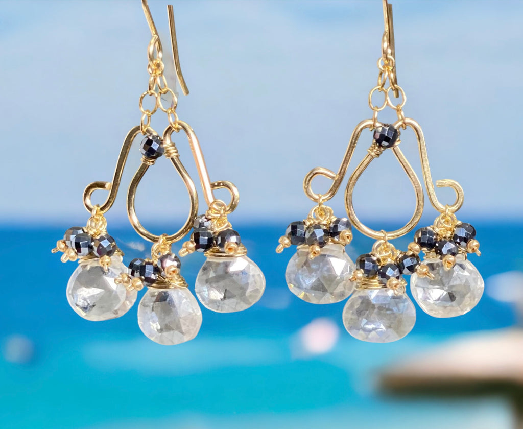 Mystic Crystal Quartz Chandelier Earrings Gold Fill with Black Clusters