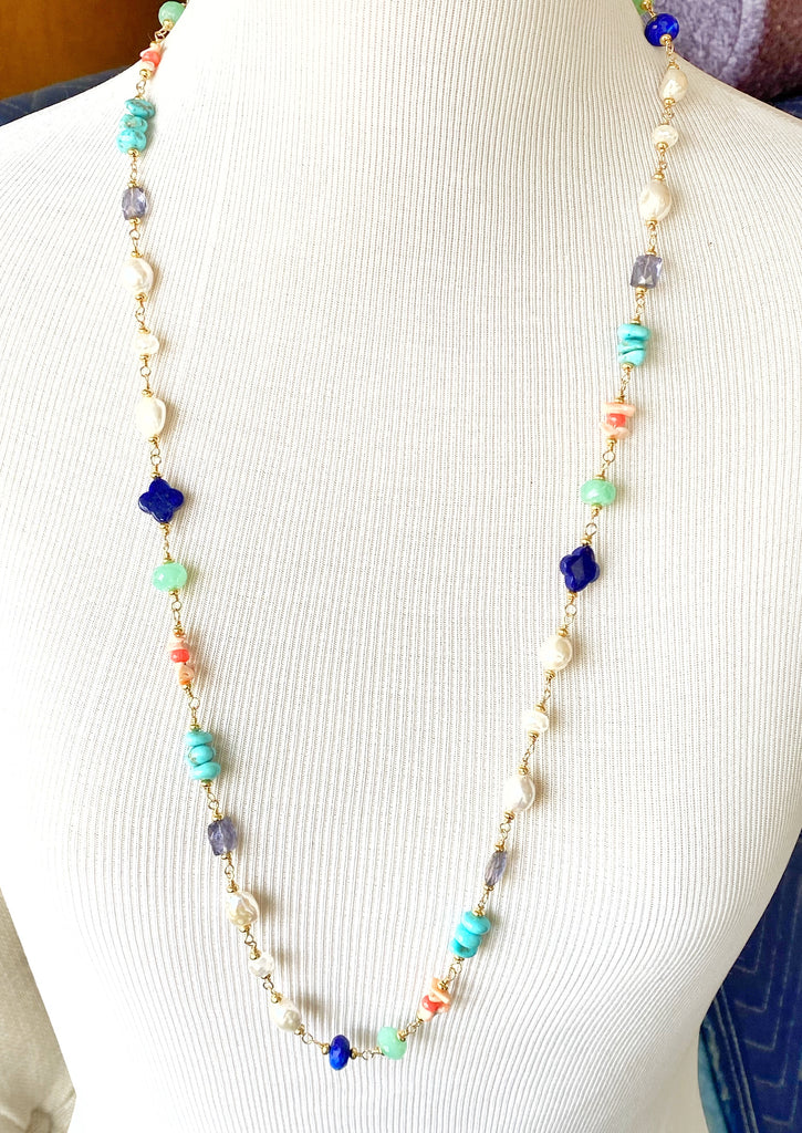 Multi Gemstone Pearl Long Gold Necklace Coral Lapis Chrysoprase